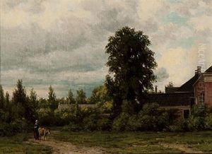 Woman With A Donkey By A Large Farmstead by Jacob Jan van der Maaten