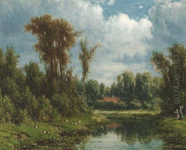 Sommerliche Bachlandschaft. Eine Familie Am Ufer - view 1