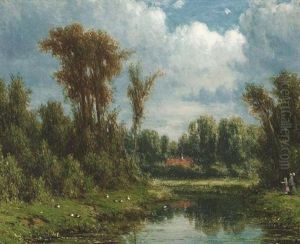Sommerliche Bachlandschaft. Eine Familie Am Ufer