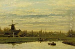 Dusk, Cattle Returning Home On A Pathe Along A River, A Village Beyond Dusk, Cattle Returning Home On A Pathe Along A River, A Village Beyond