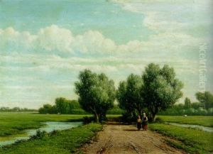 A Summer Landscape With A Peasant Woman And Child Walking On A Sandy Track