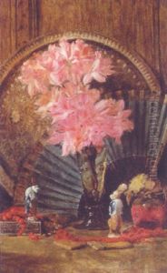 Azaleas In A Vase With A Fan And Figurines On A Table by Henry Macbeth-Raeburn