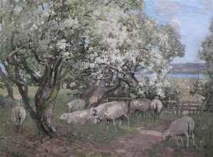 Sheep Grazing Beneath Blossoming Trees by William Macbride