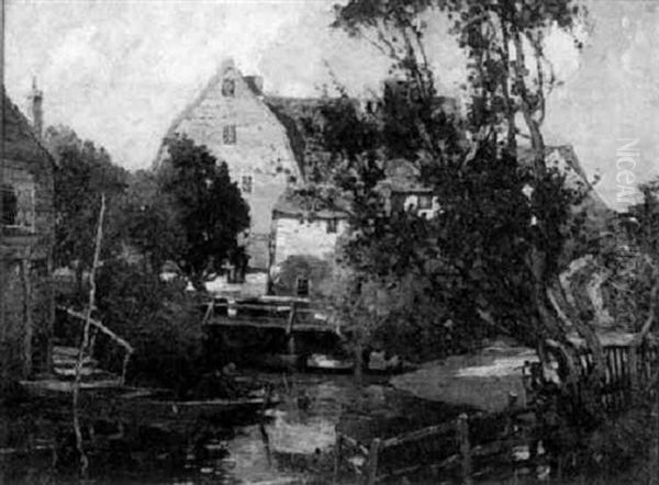 A Man Tying Up His Punt Before A Sunlit Mill - view 1