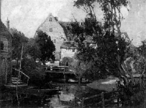 A Man Tying Up His Punt Before A Sunlit Mill by William Macbride