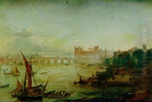 A View Of The Thames With The Houses Of Parliament Under Construction