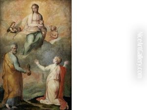 The Madonna And Child Surrounded By Angels, With Saint Peter And A Female Saint by Girolamo Del Crocifissaio (see Macchietti)