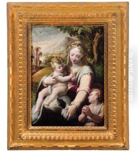 Madonna Mit Dem Kind Und Dem Johannesknaben In Einer Landschaft - Madonna Con Il Bambino E San Giovannino In Un Paesaggio by Girolamo Del Crocifissaio (see Macchietti)