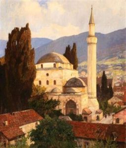 Blick Auf Die Moschee Einer Orientalischen Stadt In Den Bergen