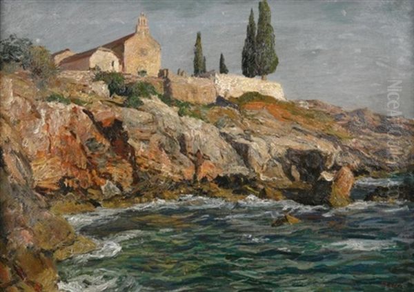 Mediterrane Felskuste. Blick Auf Kleinen Pfarrhof Oberhalb Einer Steilen Bucht - view 1