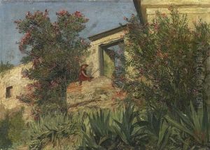 Im Garten Eines Italienischen Hauses. Junge Frau Zwischen Bluhenden Oleanderbuschen Auf Einer Brustung Sitzend Im Garten Eines Italienischen Hauses. Junge Frau Zwischen Bluhenden Oleanderbuschen Auf Einer Brustung Sitzend