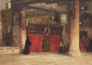 Bethlehem - Glaubige Am Eingang Zur Geburtsgrotte by Georg Macco