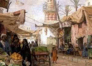 Orientalische Strasenszene Mit Handlern Und Mannern Vor Einem Kaffeehaus