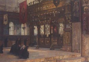 Innenraum Einer Orthodoxen Kirche Mit Ikonostase Und Betenden Glaubigen (in Jerusalem?)