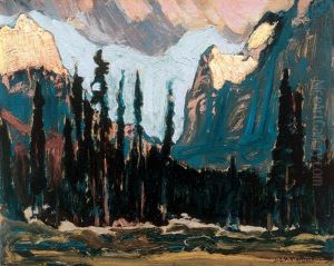 Evening, Hungabee &amp; Biddle Mts., L. O'hara Camp by James Edward Hervey MacDonald