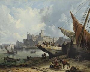 A Busy Day In A Mediterranean Harbour by Petrus Augustus Beretta
