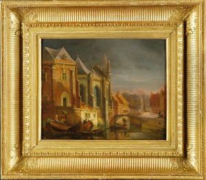 "scorcio Notturno Di Rotterdam" Olio Su Tavola Firmato In Basso A Destra. In Cornice