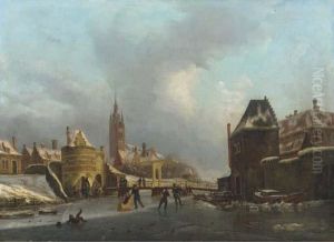 Winterfun On A Frozen Canal By The Oosterpoort, Delft by Petrus Augustus Beretta