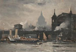 A Thames Paddle Steamer Passing Under The Canon Street Railway Bridge (+ 2 Others; 3 Works)