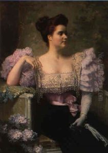 Jeune Femme En Tenue De Soiree Assise Pres D'un Bouquet D'hortensias by Jules Machard