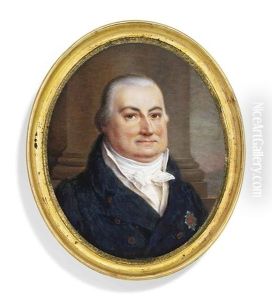 A Gentleman, In Double-breasted Dark Blue Coat, White Waistcoat And Cravat, Wearing The Breast-star Of An Order, Pillar And Sky Background On Ivory by Ferdinand Machera