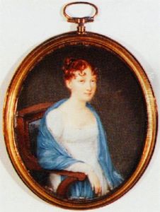 Portrait Of A Seated Lady Wearing White Dress And Blue Shawl