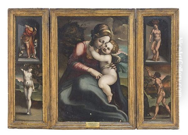 Triptico De La Virgen Maria Con Jesus En Su Regazo Sobre Fondo De Paisaje; En Las Alas, En La Parte Superior Y En Hornacinas, San Roque Y San Sebastian, Y Eva Y Adan, Desnudos, En La Parte Inferior - view 1