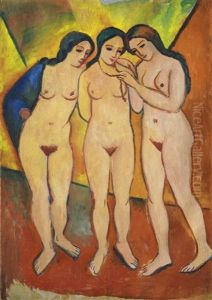 Drei Nackte Madchen Rot Und Orange (three Nudes, Orange And Red) by August Macke