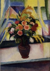 Stilleben: Bunter Blumenstrauss Vor Dem Fenster (still Life: Colourful Bunch Of Flowers In Front Of A Window) by August Macke