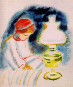 Lesendes Madchen Bei Der Lampe by August Macke