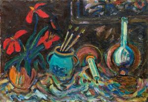 Atelierstillleben Mit Roten Blumen by Helmuth Macke