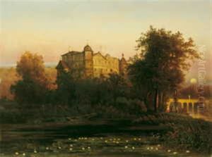 Vollmondbeschienene Romantische Landschaft Mit Einem Schloss