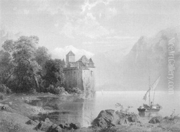 Schweizer Alpenseelandschaft Mit Burg - view 1