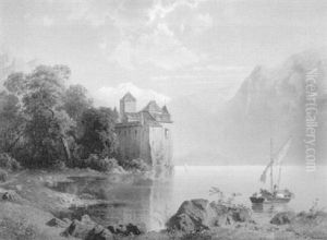 Schweizer Alpenseelandschaft Mit Burg by Bernhard Karl Mackeldey