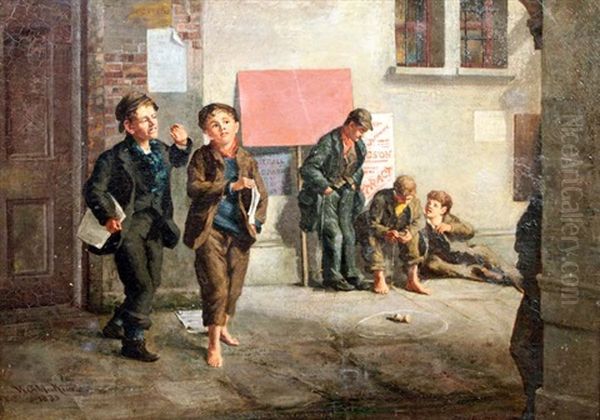 Street Scene With Newspaper Vendors And Boys Playing A Game Of Spinner - view 1