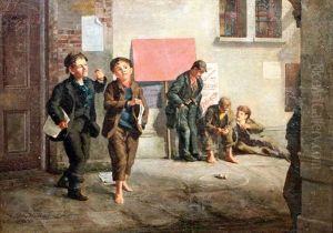 Street Scene With Newspaper Vendors And Boys Playing A Game Of Spinner