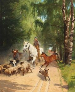 A Farmer Bringing The Cattle In The Field by Adolf Heinrich Mackeprang
