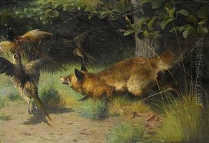 Fox Hunting Pheasants by Adolf Heinrich Mackeprang