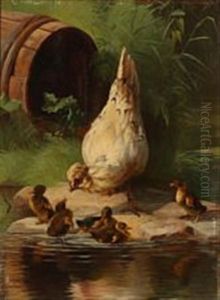 A Hen And Five Ducklings At A Pond by Adolf Heinrich Mackeprang
