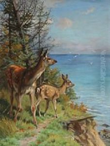 A Couple Of Deers Standing At The Edge Of The Forest by Adolf Heinrich Mackeprang
