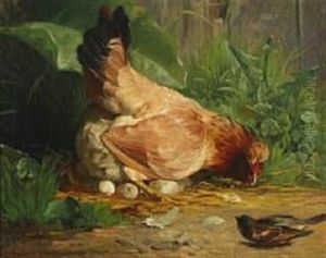 A Hen Guarding Her Eggs by Adolf Heinrich Mackeprang