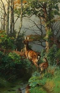 A Doe With A Fawn by Adolf Heinrich Mackeprang