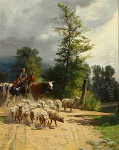 A Horseman With Sheep And Cows by Adolf Heinrich Mackeprang