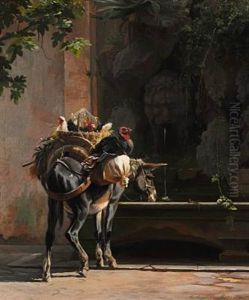 Italian Donkey Stacked With Hens And Turkey At A Fountain
