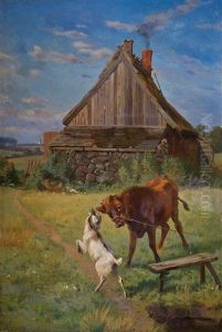 Landschaftsidyll Mit Ziege Und Kuh by Adolf Heinrich Mackeprang