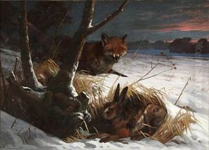 Winter Landscape With A Fox And A Hare
