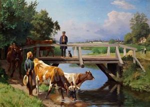 A Meeting At The Bridge, A Girl Is Watering The Cows by Adolf Heinrich Mackeprang