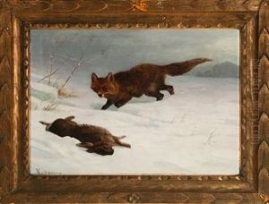 Snowscape With Fox And Hare by Adolf Heinrich Mackeprang