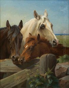 Horses In A Corral by Adolf Heinrich Mackeprang