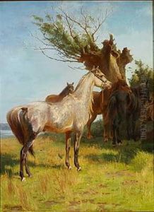 En Ridehest. Heste Ved Et Gammelt Egetrae by Adolf Heinrich Mackeprang